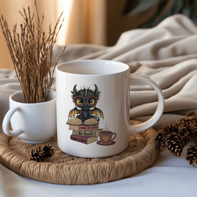 Dragon Book Mug, Fantasy Coffee Mug, Book Lover Gift, Stay Weird Mug, Read Books Mug, Bibliophile Gift, Bookworm Gift İdea, Cute Dragon Mug image 4