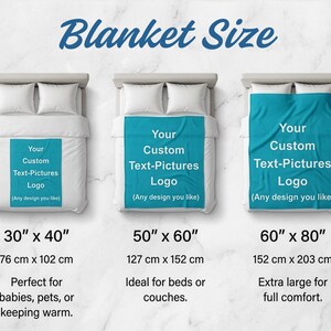 May include: Image showing three blankets of different sizes on beds. The blankets are white with a teal center, displaying text that reads "Your Custom Text-Pictures Logo". Sizes are 30" x 40", 50" x 60", and 60" x 80".