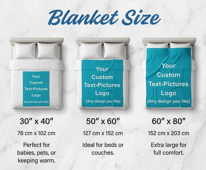 May include: Image showing three blankets of different sizes on beds. The blankets are white with a teal center, displaying text that reads "Your Custom Text-Pictures Logo". Sizes are 30" x 40", 50" x 60", and 60" x 80".