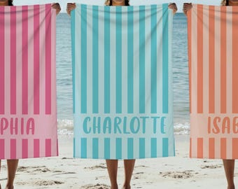 Personalized Beach Towel Custom Name | Candy Stripe Kids Gift | Birthday Summer Pool Towel for Girls Boys Vacation Fun Cute Monogram Beach