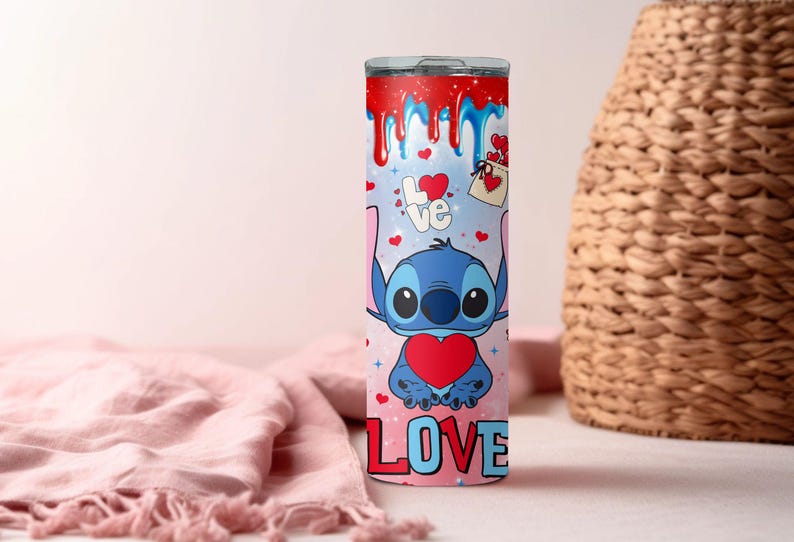 Lover Stitch Tumbler, Disney Valentines Day Tumbler, Skinny Tumbler Cup with Straw & Lid, Cupid Stitch Tumbler, Valentines Day Gift Tumbler image 7