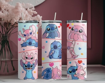 Stitch and Angel Skinny Tumbler, Disney Stitch 20oz Slim Tumbler, Skinny Tumbler Cup with Straw & Lid, Disney Tumbler, Stitch Lover Gift