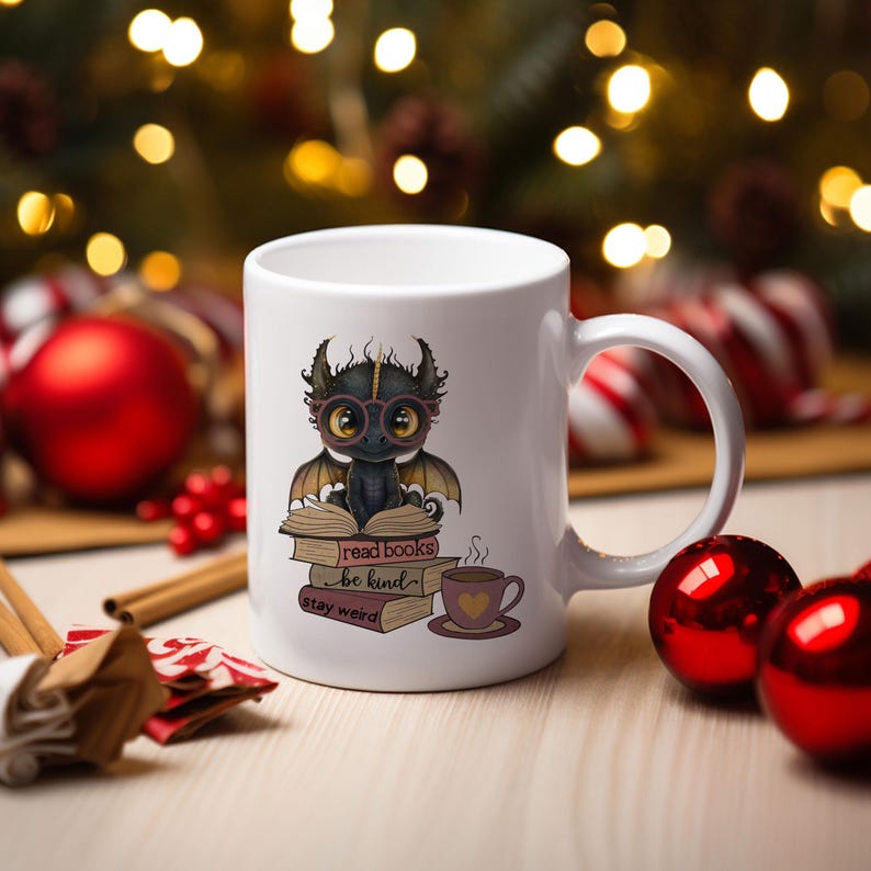 Dragon Book Mug, Fantasy Coffee Mug, Book Lover Gift, Stay Weird Mug, Read Books Mug, Bibliophile Gift, Bookworm Gift İdea, Cute Dragon Mug image 6