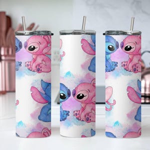 Vaso de Stitch y Ángel, vaso de Stitch de Disney, vaso estrecho con pajita y tapa, vaso de acero de 20 oz, regalo de Navidad, regalo para los amantes de Stitch imagen 8