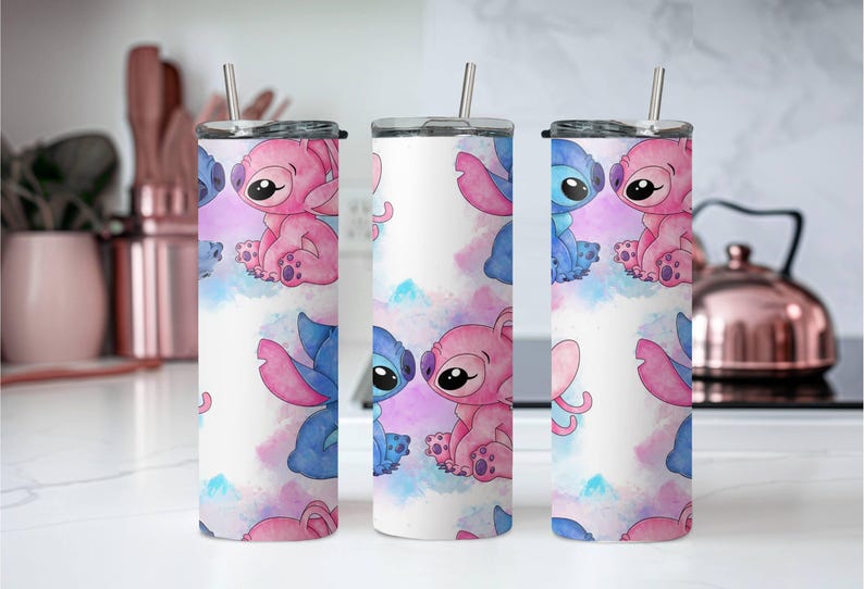 Vaso de Stitch y Ángel, vaso de Stitch de Disney, vaso estrecho con pajita y tapa, vaso de acero de 20 oz, regalo de Navidad, regalo para los amantes de Stitch imagen 8