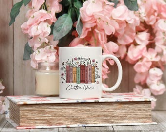Custom Bookshelf Floral Mug, Personalized Book coffee cup, Gift for Bookworm Readers, Mum Birthday Gift, Bookish Merch for Librarian Teacher