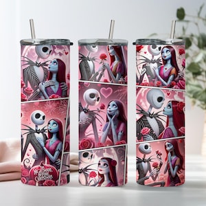 Vaso de Jack y Sally, vaso de película de terror, vaso de terror para San Valentín, regalo para San Valentín, vaso para el día de San Valentín, vaso de regalo para San Valentín imagen 1