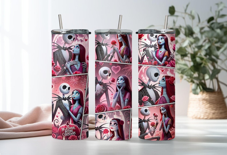 Vaso de Jack y Sally, vaso de película de terror, vaso de terror para San Valentín, regalo para San Valentín, vaso para el día de San Valentín, vaso de regalo para San Valentín imagen 1