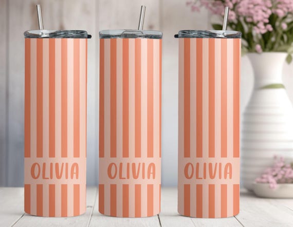 Personalized Name Skinny Tumbler 20oz |  8 Colors Stripe Preppy Gift for Her | Birthday Bridesmaid Graduation Custom Cup With Straw