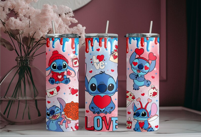 Lover Stitch Tumbler, Disney Valentines Day Tumbler, Skinny Tumbler Cup with Straw & Lid, Cupid Stitch Tumbler, Valentines Day Gift Tumbler image 3