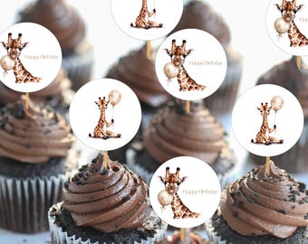 Adornos para cupcakes de cumpleaños con jirafas en acuarela / Tema safari (Descarga digital)