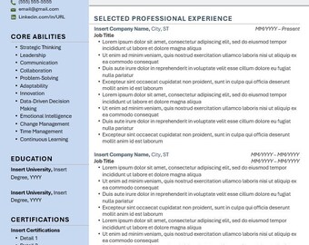May include: A resume template featuring sections for a professional summary, selected professional experience, core abilities, education, and certifications. This template is designed to assist job seekers in creating a professional and effective resume.