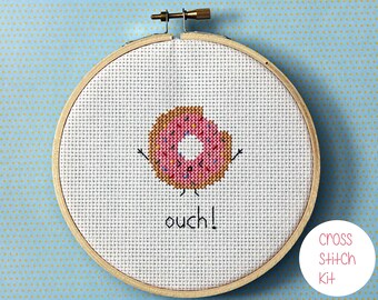 Doughnut Counted Cross Stitch Kit Great Gift Idea Donut Modern Embroidery Easy Relaxing Activity Craft Pattern for Children /& Beginners
