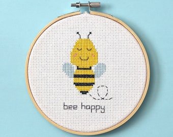 Bee - modern counted cross stitch pattern - Instant download PDF - "bee happy"