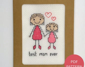 Mom & Daughter Card Cross Stitch Pattern - Instant download PDF