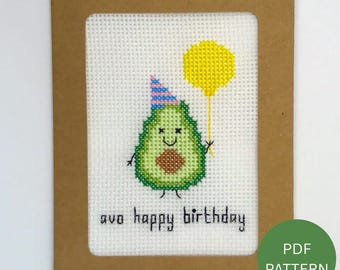 Avocado Birthday Card Cross Stitch Pattern - Instant download PDF