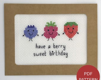 Berry Birthday Card Cross Stitch Pattern - Blueberry, Raspberry And Strawberry Design - Instant Download PDF