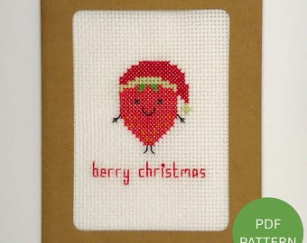 Strawberry Christmas Card Cross Stitch Pattern - Berry Christmas - Instant Download PDF