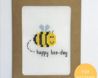 Bee Birthday Card Cross Stitch Pattern - Happy Bee-day  Instant Download PDF