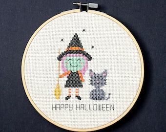 Happy Halloween - witch cross stitch pattern - Instant download PDF