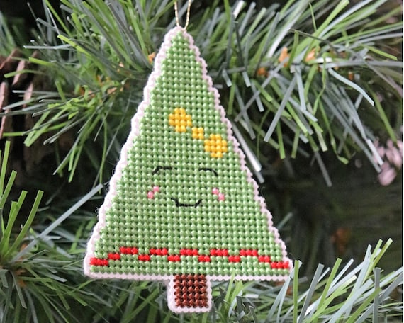 2 Cross Stitch Christmas Tree Ornaments Wreath & Joy w/ Trees Gold Plastic  Frame