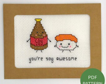 Soy Sauce & Sushi Card Cross Stitch Pattern - Instant Download PDF