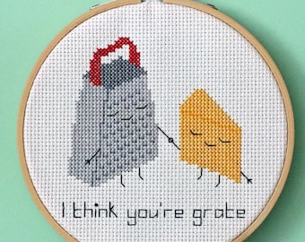 Cheese & Grater Cross Stitch Pattern - I Think You&#39;re Grate - Instant Download PDF
