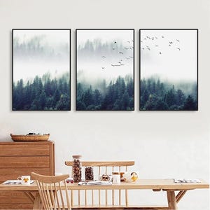 3 STÜCKE Nebliger Wald Landschaft Leinwanddrucke - Immergrüne Nadelbäume Wandkunst Poster, rahmenloses Giclee-Galeriedekor