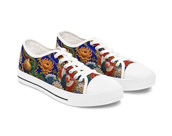 Dragon's Opera Sneakers in Cobalt, Chinoiserie Print Low Top, Peacock Dragon Canvas Shoe