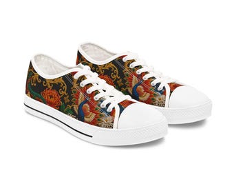 Dragon's Opera Sneakers in Black, Chinoiserie Print Low Top, Peacock Dragon Canvas Shoe