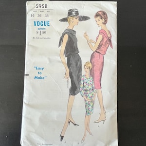 Vogue 5958 Cowl Neck Dress Sz 16 Bust 36 // Vintage 60s Easy to Make Sewing Pattern // UNCUT
