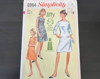 Simplicity 6964 Jiffy Dress Pattern // Misses 16 Bust 36 // Vintage 1960s // Complete