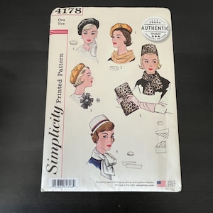 May include: A Simplicity 4178 printed pattern envelope for one size hats and accessories. The front features illustrations of five different headwear styles, including a beret, a pillbox hat, and a leopard print hat with a matching clutch bag.
