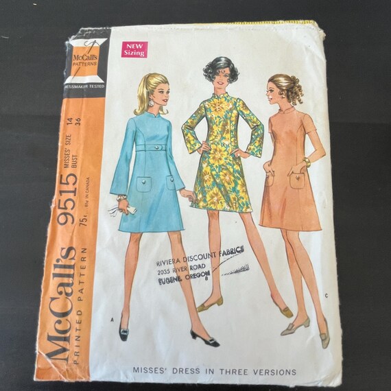 mccalls a line dress pattern McCall's 9515 A-Line Sz 14 Bust 36 // Vintage 60s Sewing // Complete Color:Ortensia Asymmetrical Dress Navy Blue Bloom In Floral