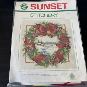 Kit de bordado de lana Sunset Stitchery vintage de 1983 // N.º 2076 HOGAR PARA NAVIDAD