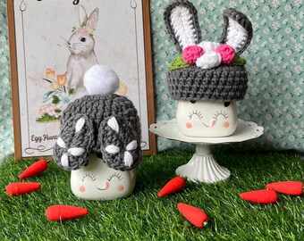 Crocheted Easter Bunny marshmallow hat | Easter tiered stand decor | Crocheted marshmallow hats | Easter decor