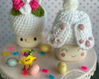 Crocheted Easter Bunny Marshmallow Mug Hat | Tiered Stand Decor