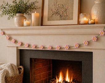 Daisy garland | spring decor | mantle decor | spring tiered tray | shelf accent | felt daisy | pink daisy