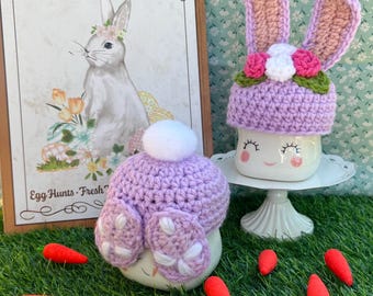 Crocheted Easter Bunny marshmallow hat | Easter tiered stand decor | Crocheted marshmallow hats | Easter decor