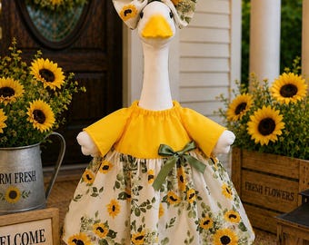 Porch Goose Sunflower Dress with Matching Olive Felt Hat | 23” Goose Outfit | Handmade Farmhouse Fall Décor | Jackie’s Sew Fancy