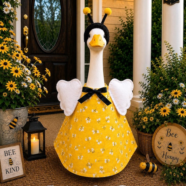 Bumble Bee Porch Goose Outfit | Bee Happy Goose Dress | Summer Porch Goose Clothes | Bee Wings & Antenna Headband | Goose