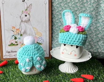 Crocheted Easter Bunny marshmallow hat | Easter tiered stand decor | Crocheted marshmallow hats | Easter decor