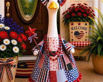 Patriotic goose dress outfit | 23” porch goose outfit with star accessories | July 4th porch goose dress | 250th American celebration
