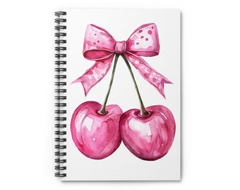 Cute Pink Cherry Bow Spiral Notebook, Aesthetic Y2K Journal, Kawaii Pastel Notebook, Soft Girl Stationery, Cottagecore Journal, Cute Gift