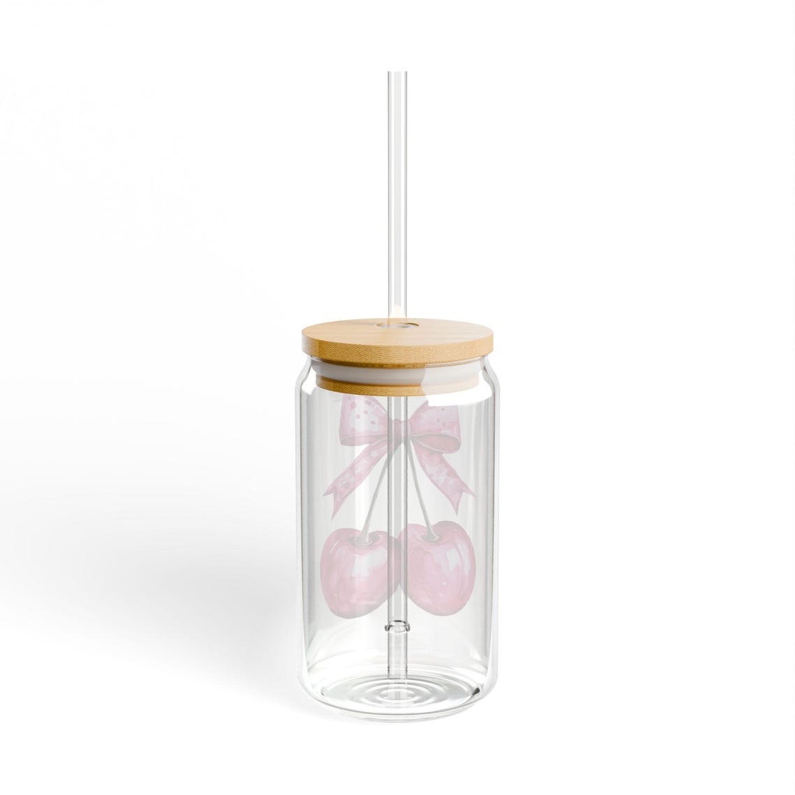 Cute Pink Cherry Sipper Glass With Bamboo Lid and Straw, Aesthetic Iced ...
