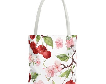 Cherry Blossom Tote Bag, Floral Shoulder Bag with Red Cherries, Aesthetic Spring Tote, Reusable Shopping Bag, Cute Book Bag, Gift for Her