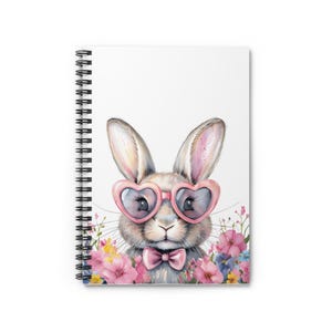 Cute Bunny Spiral Notebook, Aesthetic Easter Journal, Kawaii Bunny with Glasses, Spring Stationery Gift, Floral Bunny Writing Notebook
