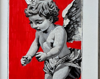 Original Cherub Oil Painting – Renaissance Style, Red Background (8x10)