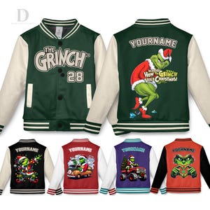 May include: Green and cream varsity jackets with "The Grinch" and "28" on the front. The backs feature Grinch illustrations with "YOURNAME" and "How the Grinch Stole Christmas!" text. Additional jackets in black, red, and purple.