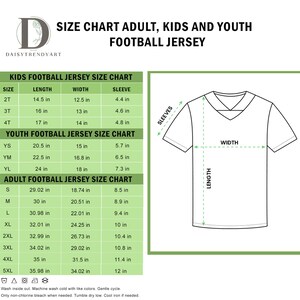 May include: Size chart for adult, kids, and youth football jerseys. The chart includes measurements for length, width, and sleeve length in inches. The chart is divided into kids, youth, and adult sizes, with a diagram of a jersey showing where the measurements are taken.